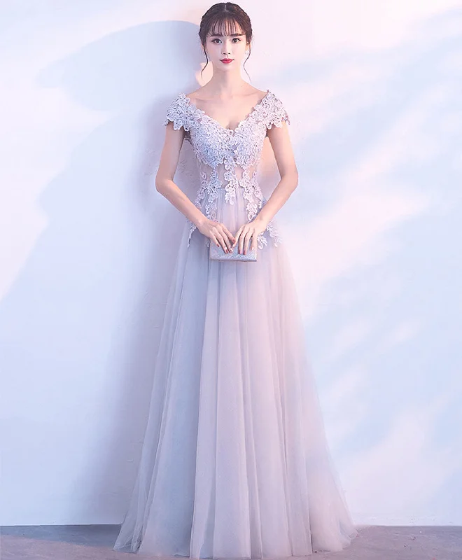 Gray V Neck Tulle Lace Long Prom Dress, Gray Evening Dress