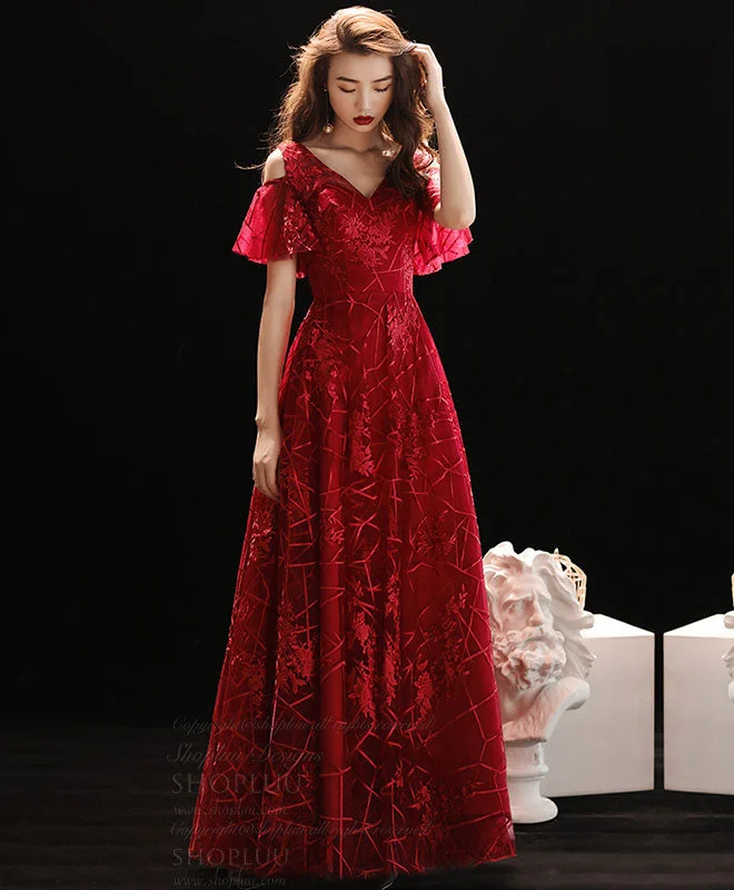 Burgundy V Neck Lace Long Prom Dress, Burgundy Evening Dress