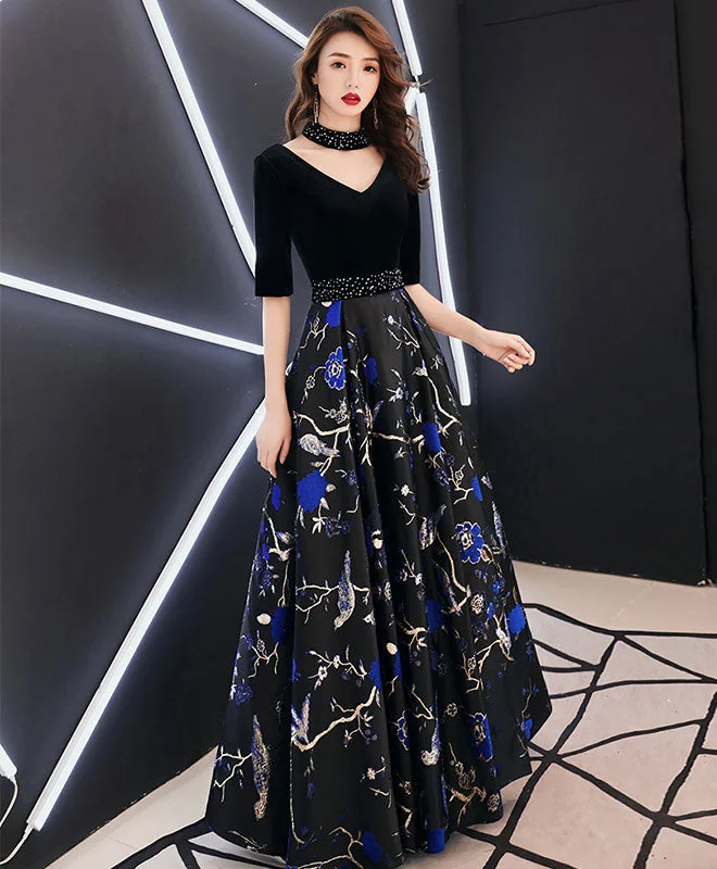 Black V Neck Satin Long Prom Dress, Black Evening Dress