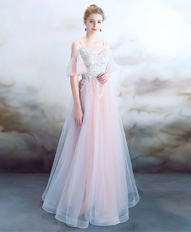 Elegant Light Pink Tulle Long Prom Dress, Pink Evening Dress