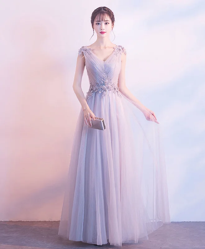 Gray V Neck Tulle Lace Long Prom Dress, Gray Tulle Evening Dress