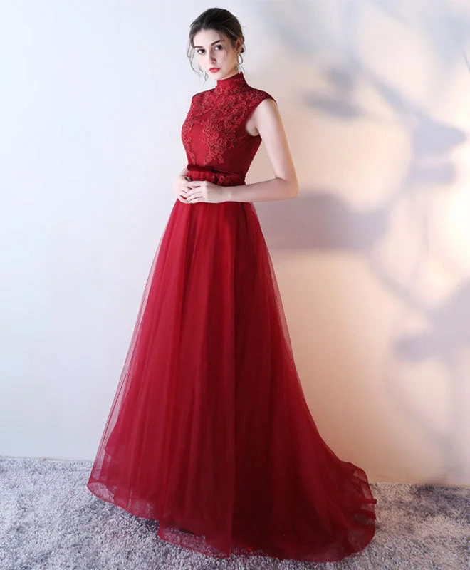 Burgundy Lace Tulle Long Prom Dress, Burgundy Evening Dress