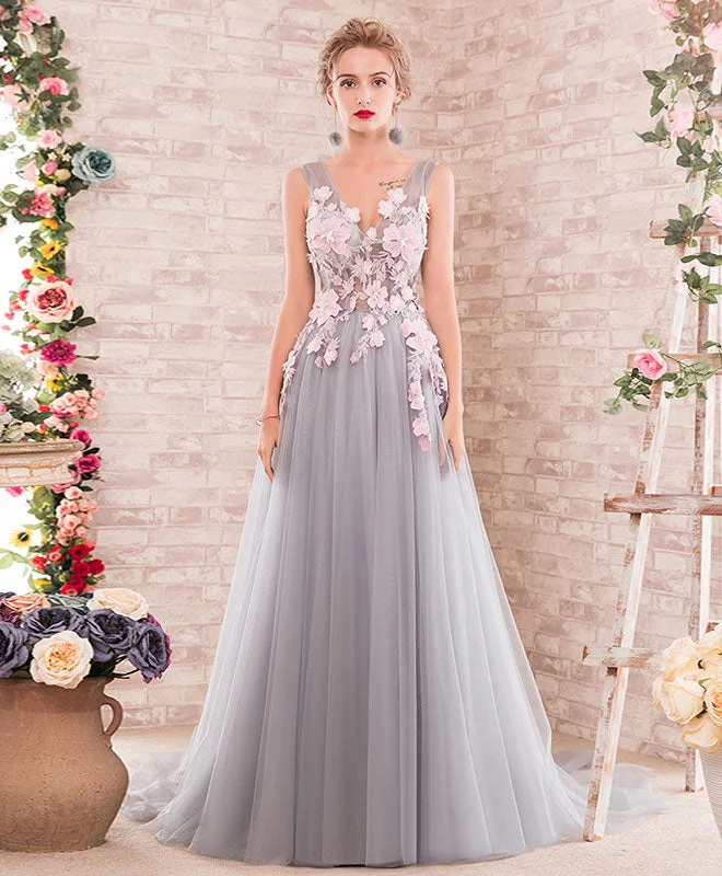 Gray A-Line V Neck Tulle Lace Applique Long Prom Dress, Gray Evening Dress