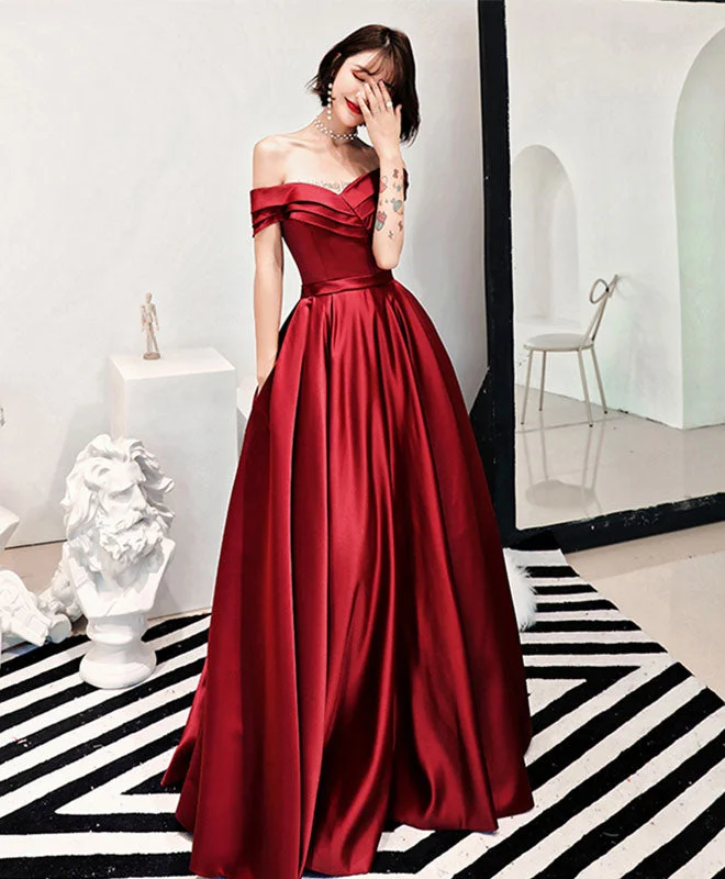 Burgundy V Neck Off Shoulder Long Prom Dress, Evening Dress