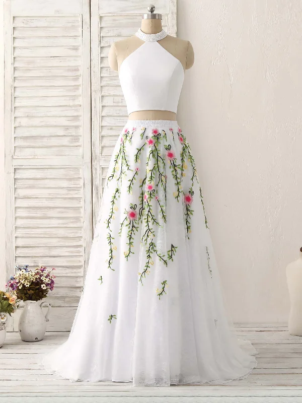 White Two Pieces Lace Applique Long Prom Dress, Evening Dress