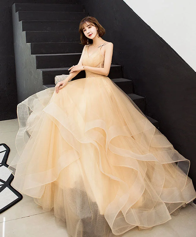 Champagne V Neck Tulle Long Prom Dress, Tulle Evening Dress