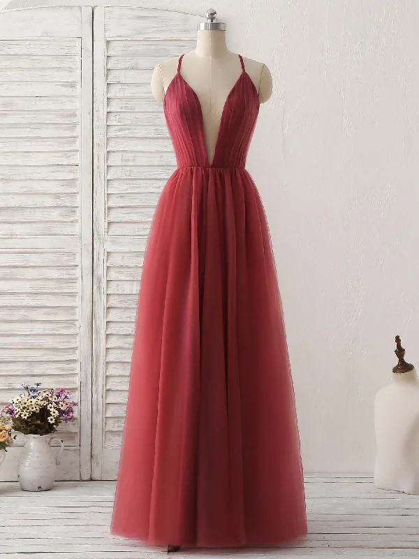 Burgundy V Neck Tulle Long Prom Dress, Burgundy Evening Dress