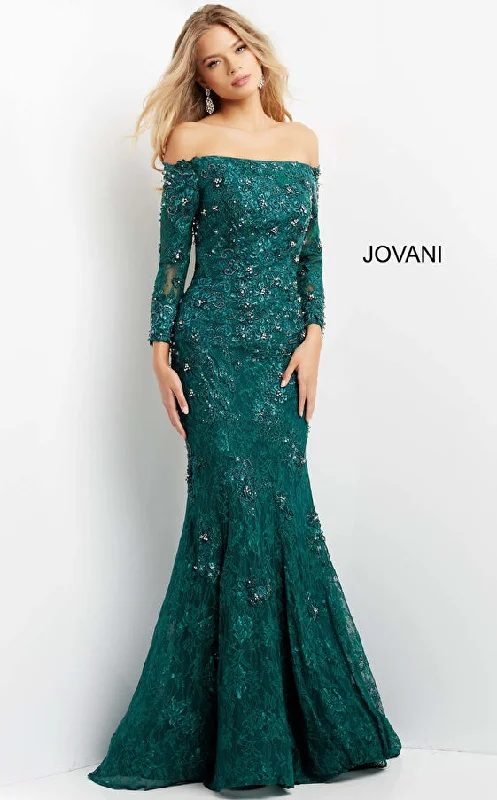 Jovani 03651 Emerald Three Quarter Sleeve Embellished Evening Dress