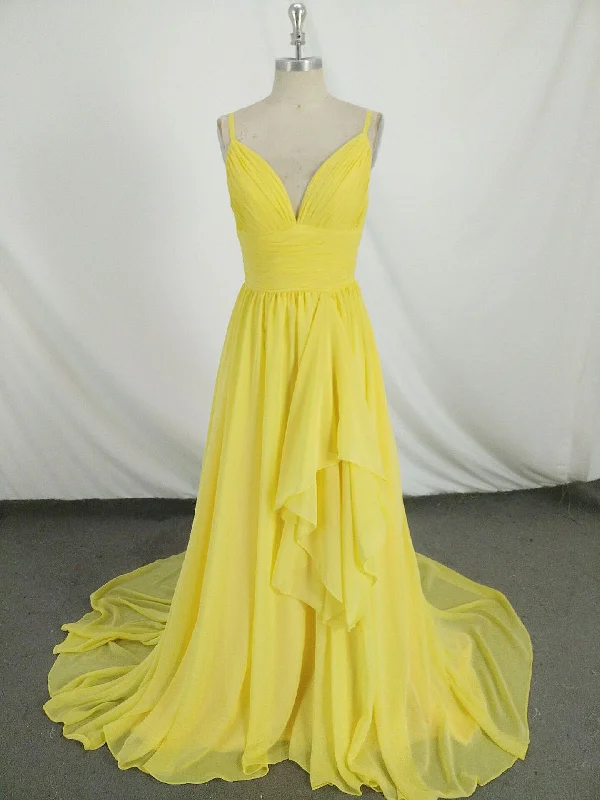 Simple V Neck Yellow Chiffon Long Prom Dress, Yellow Evening Dress