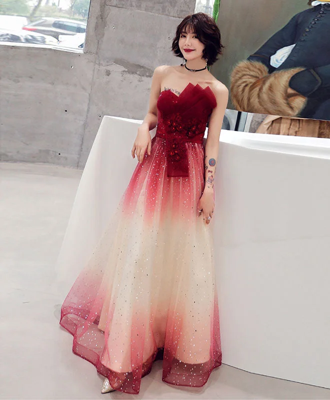 Burgundy Tulle Sequin Long Prom Dress, Tulle Evening Dress