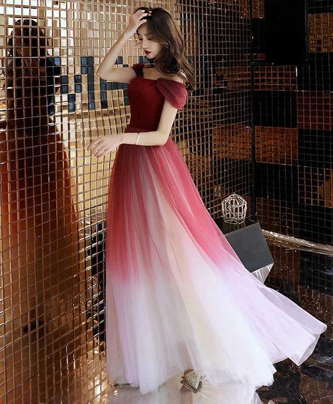 Unique Burgundy Off Shoulder Tulle Long Prom Dress, Burgundy Evening Dress