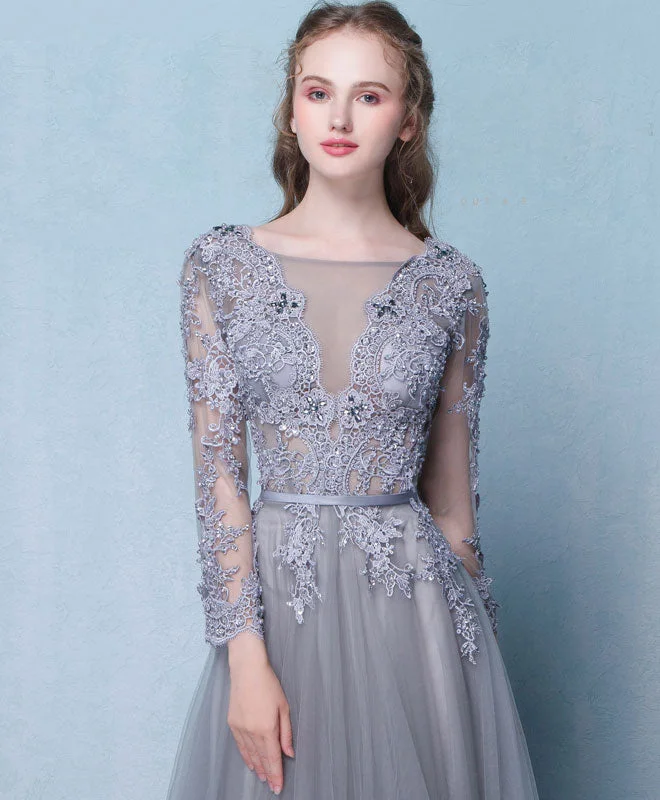 Gray Round Neck Lace Tulle Long Prom Dress, Gray Lace Evening Dress