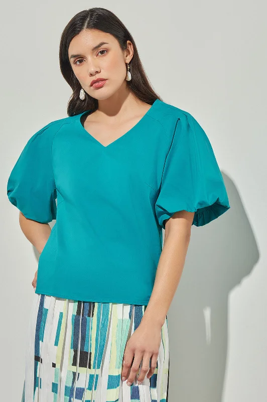 V-Neck Blouse - Puff Sleeve Cotton Blend