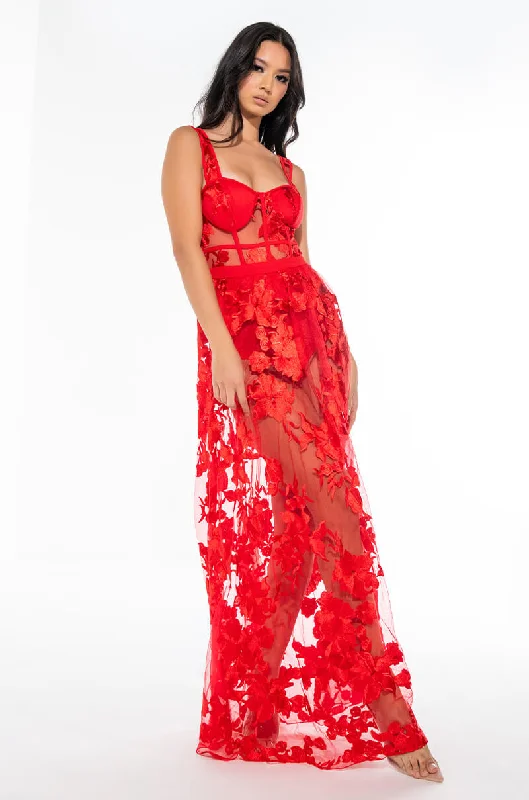 LUCY MAXI MESH DRESS WITH ATTACHED CORSET RED