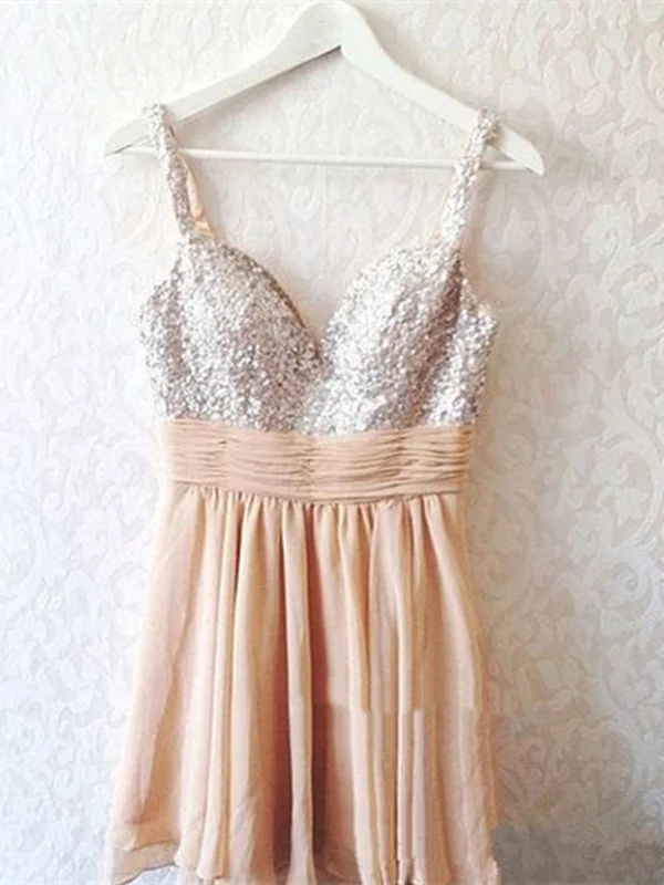 Cute Sequins Short Champagne Prom Dresses, Mini Homecoming Dresses, Short Formal Dresses