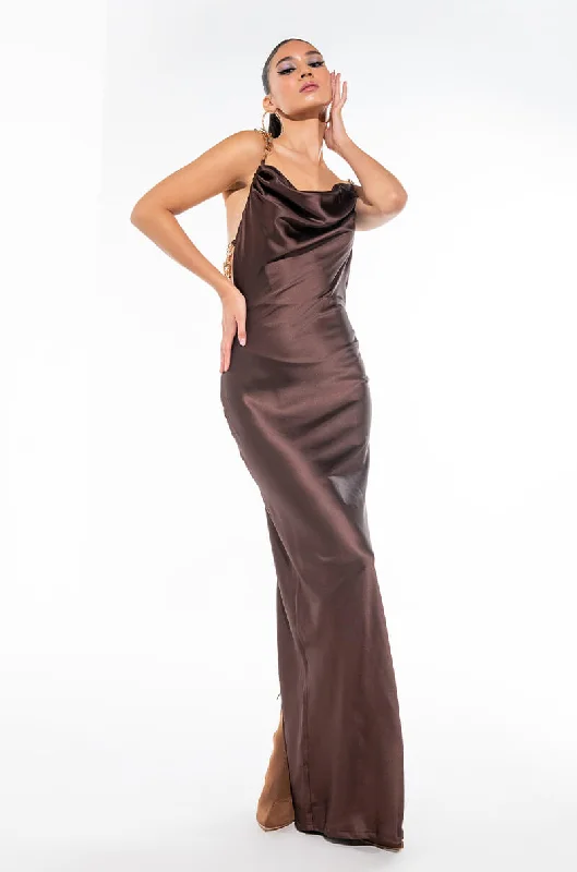 GOLDEN BABY MAXI SATIN DRESS WITH GOLD CHAIN TRIM BROWN