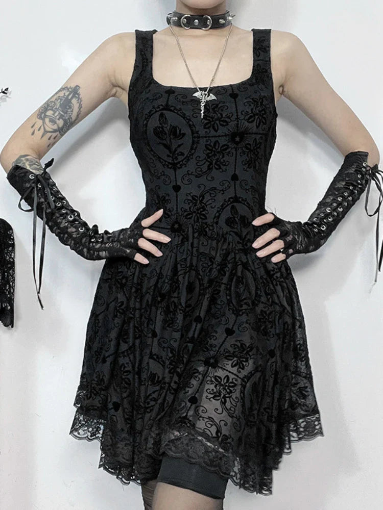 2024 Summer New Harajuku Retro Sexy Wrapped Hip Mini Dress Y2K Vintage Punk Dark Style Tie Up A-Line Dress