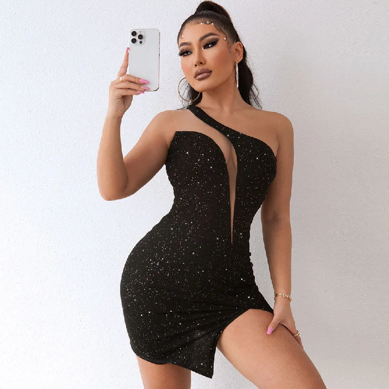 Mesh Panel Side Split One Shoulder Bodycon Mini Dress -