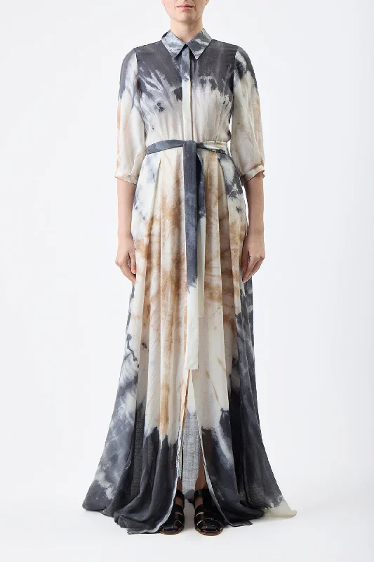 Daisy Pleated Maxi Shirtdress in Camel Multi Tie Dye Cashmere Silk Gauze