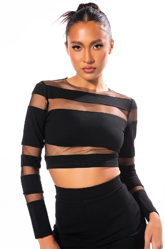 CUT TO THE CHASE MESH PANEL LONG SLEEVE CREW NECK TOP