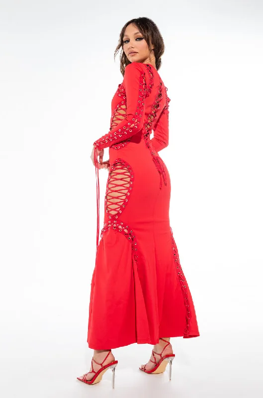 EXPENSIVE DRINKS LACE UP MAXI DRESS