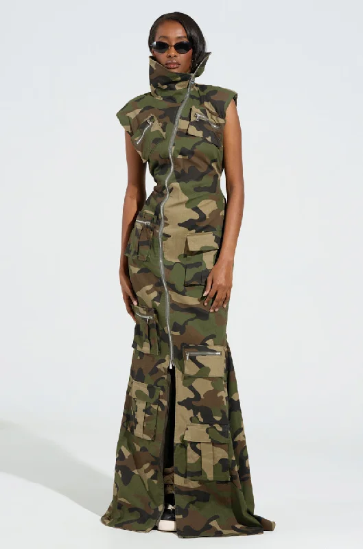 NOW YOU SEE ME CAMO PRINT MAXI DRESS