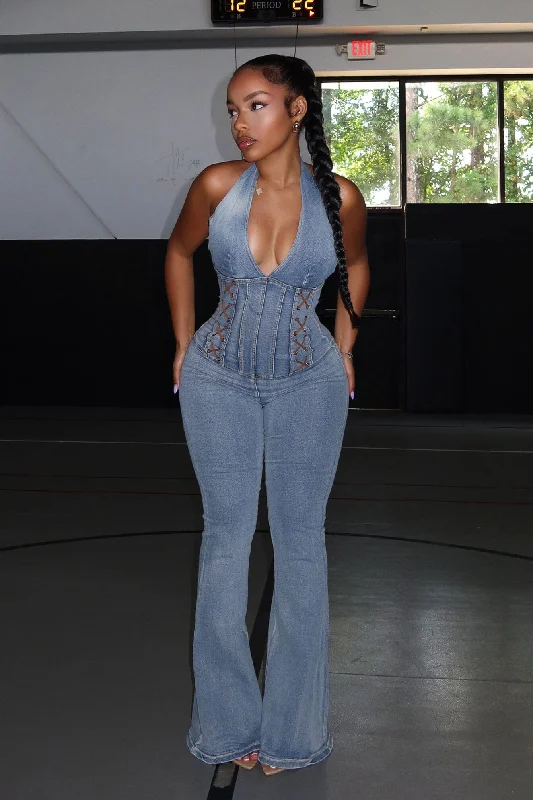 Clayton Washed Denim Halter Flare Jumpsuit