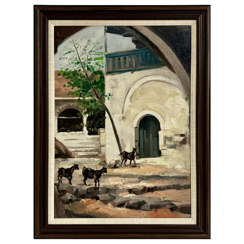 "Goats in a Courtyard" Signed