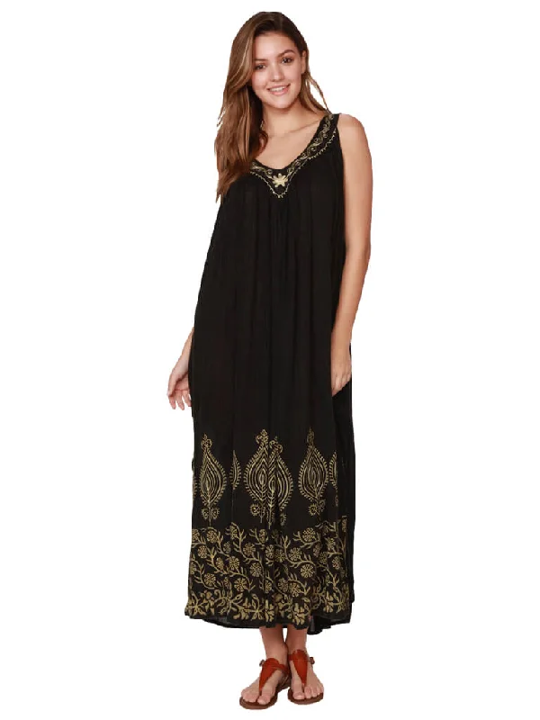 Long crinkle dress in black rayon with embroidery and print