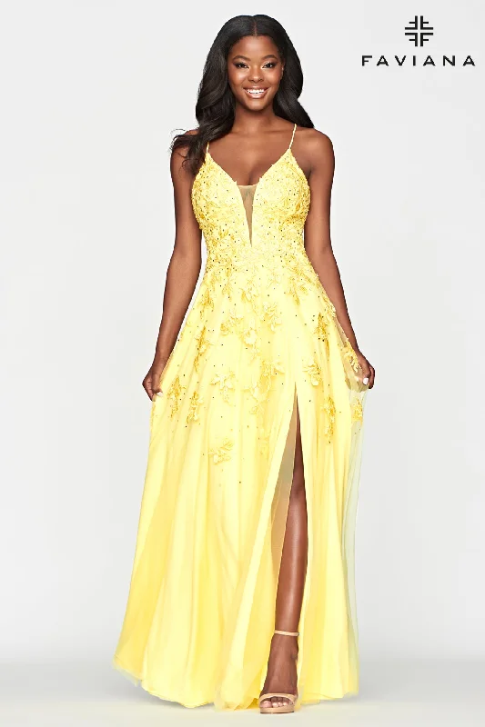 Faviana S10640 V-Neck A-line Gown With Lace Applique on Tulle Skirt | Black, Light Yellow, Peri, Red