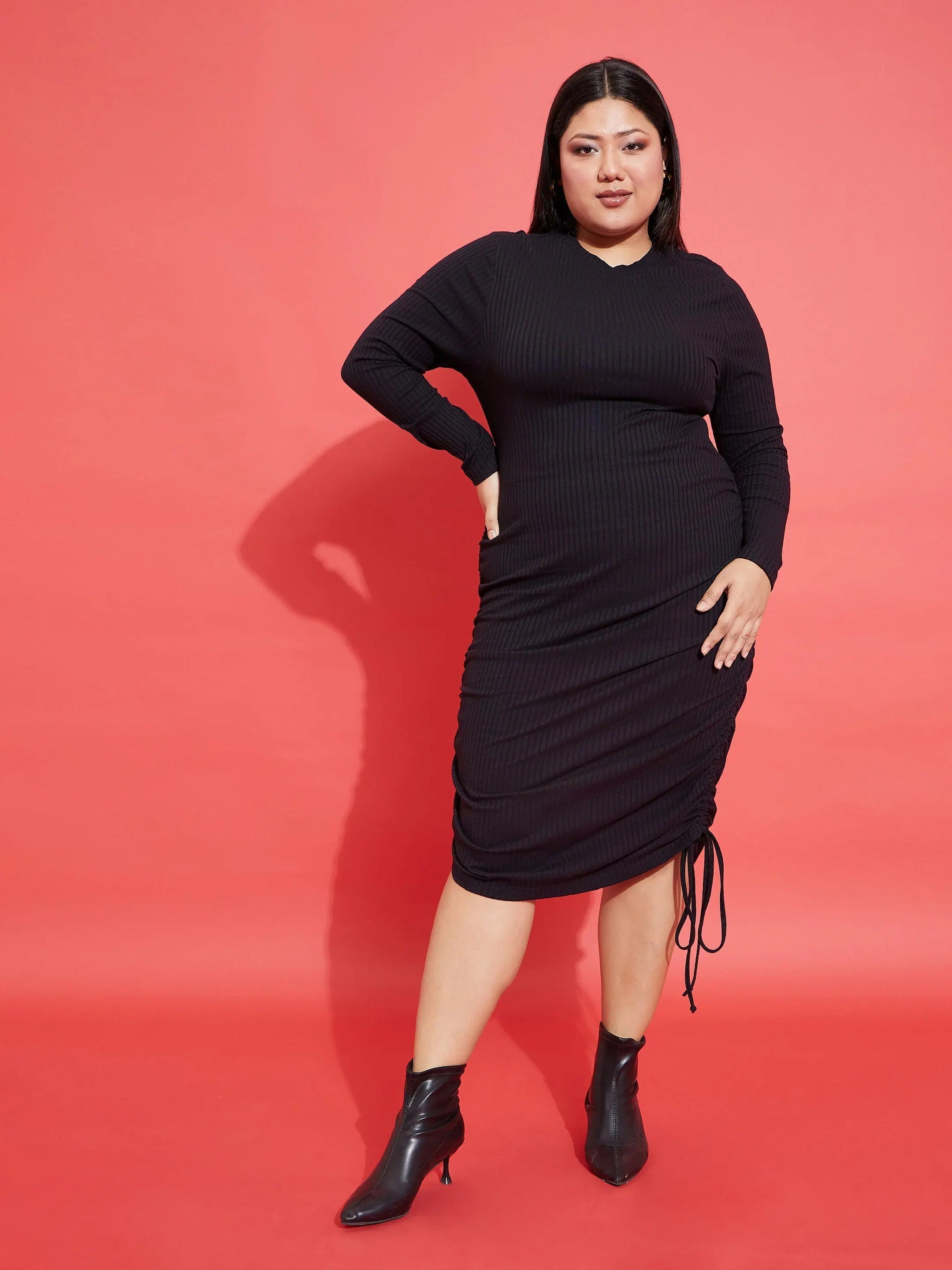 Women Black Rib Side Ruching Bodycon Dress