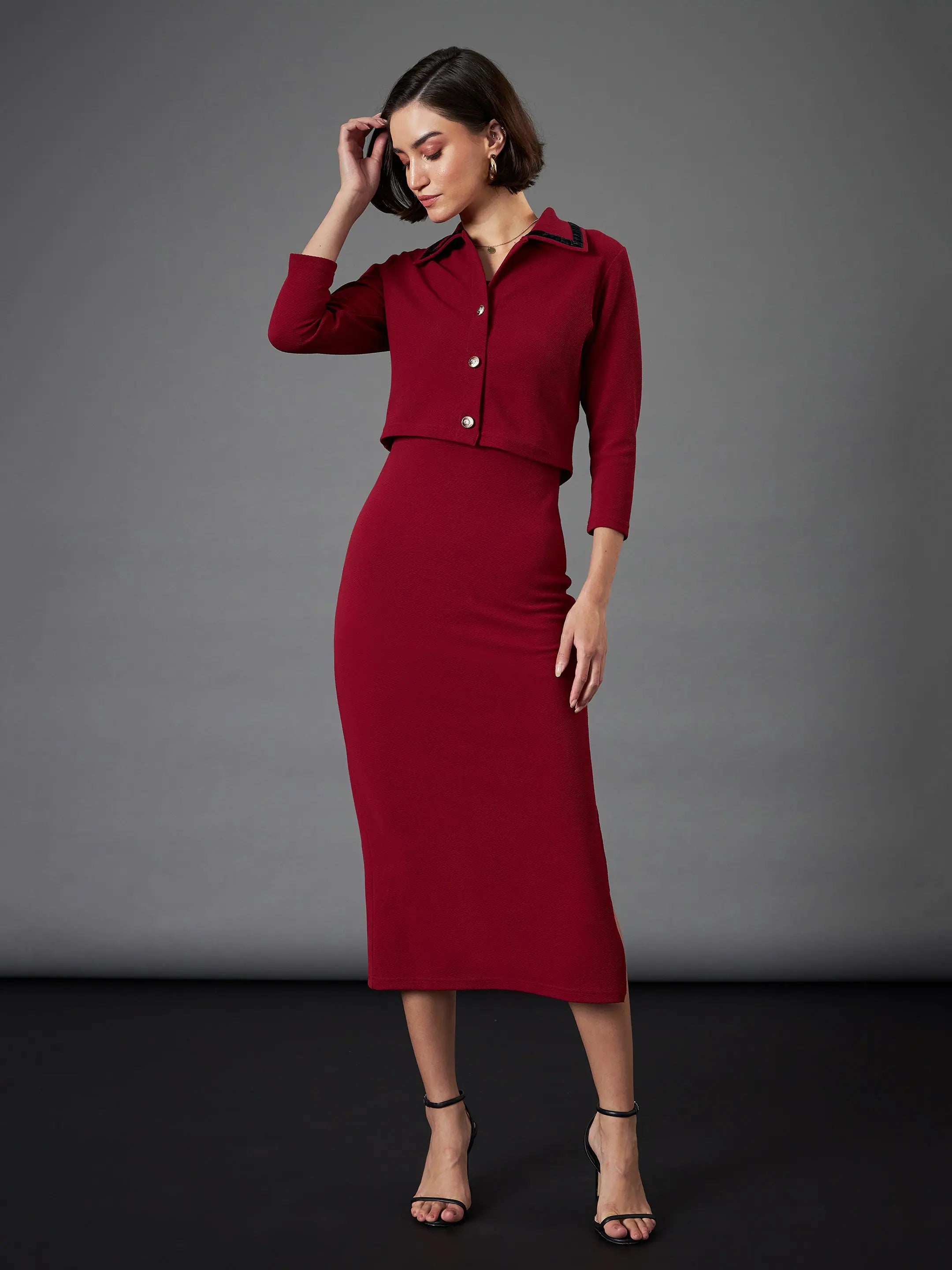 Women Maroon Strappy Bodycon Dress With Crop Jacket