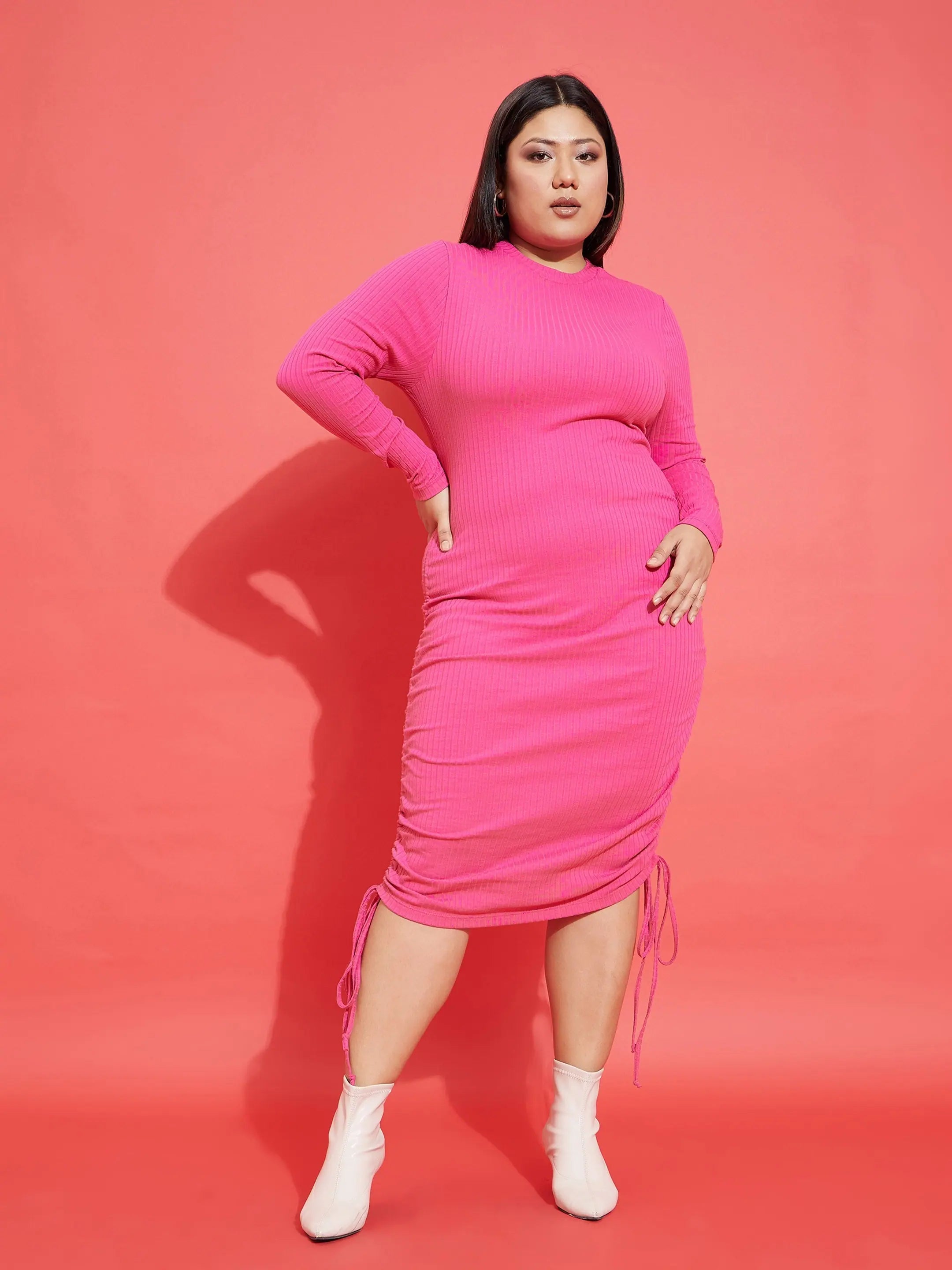 Women Pink Rib Side Ruching Bodycon Dress