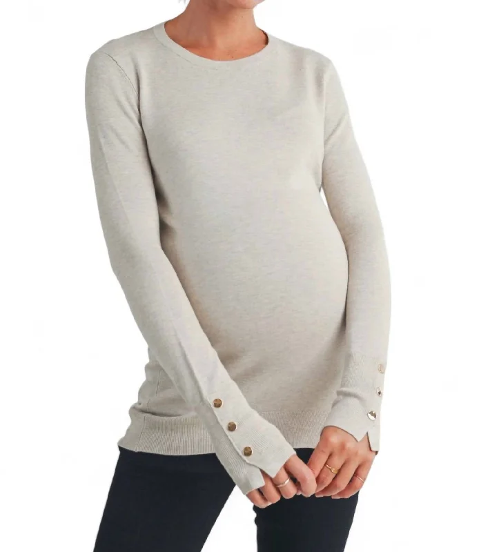 Solid Maternity Sweater Top With Sleeve Button In Camel