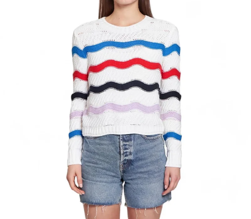 Wavy Stripe Crew Sweater In White Brights